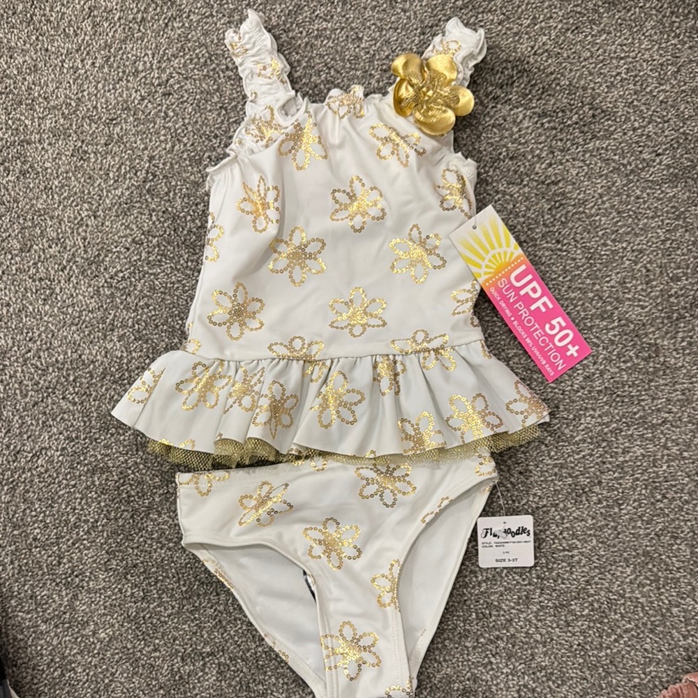 Flapdoodles Gold and White One Piece Swimwear with Ruffles